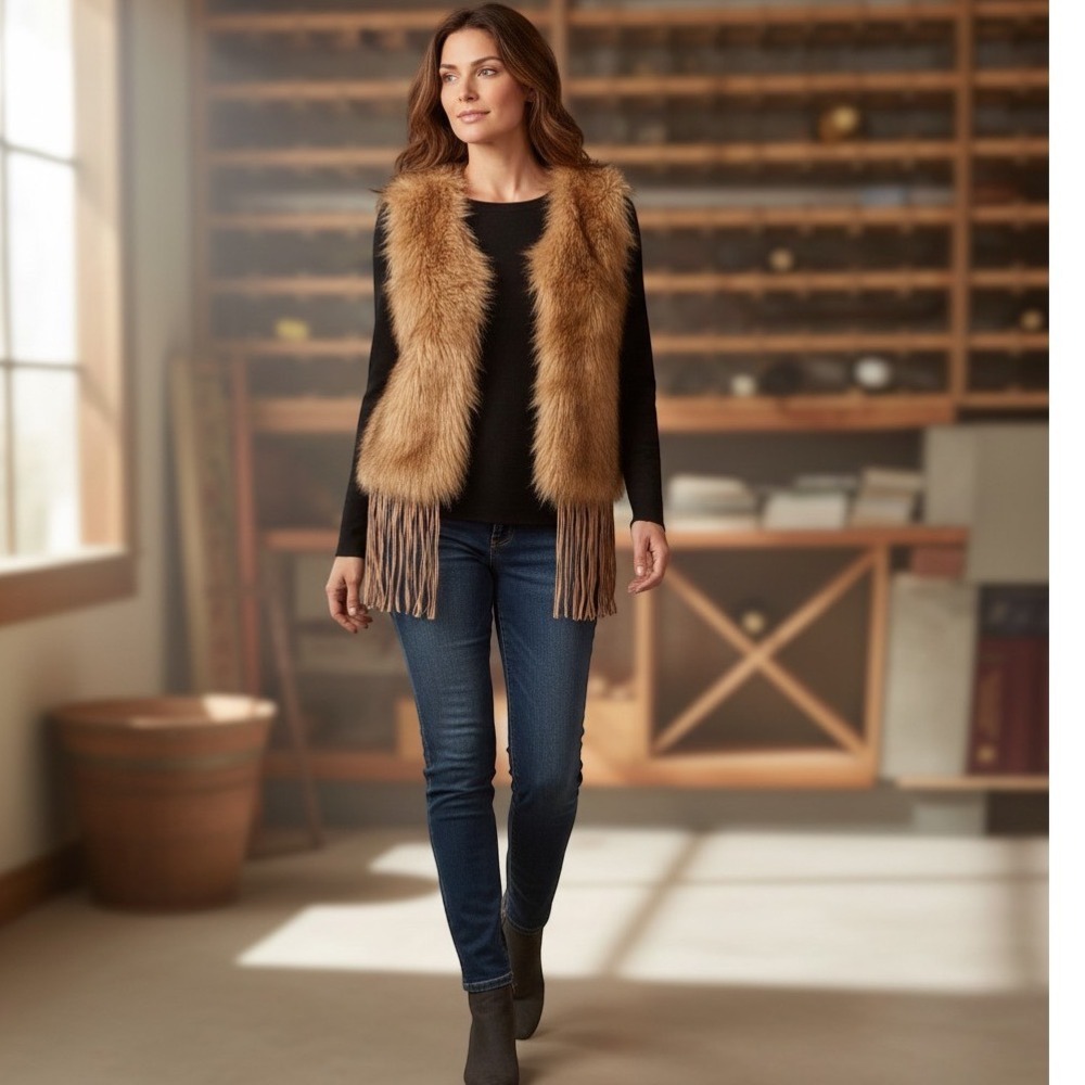 Paisley Vine Faux Fur Fringe Vest Brown Tan Boho Western BB219A Small